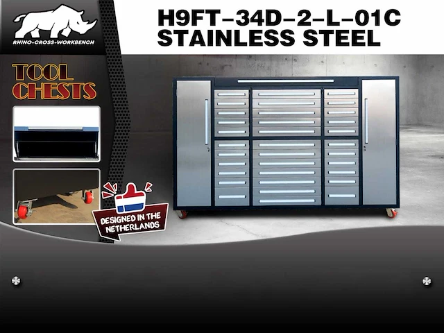 Rhino-cross-workbench h9ft-34d-2-l-01c rvs werkbank 34 lades 2 deuren - afbeelding 4 van  4