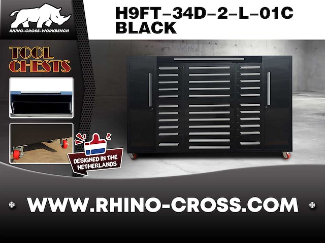 Rhino-cross-workbench h9ft-34d-2-l-01c zwart werkbank 34 lades 2 deuren - afbeelding 1 van  1