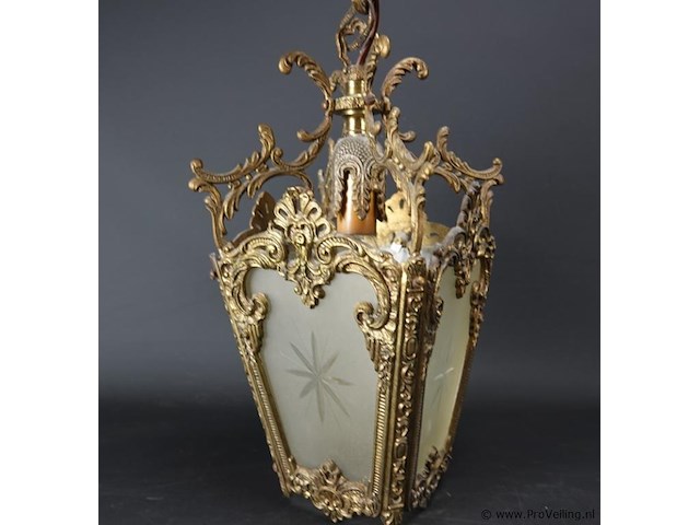 Rijk gelardeerde messing hallamp met geëtst glas - afbeelding 3 van  5