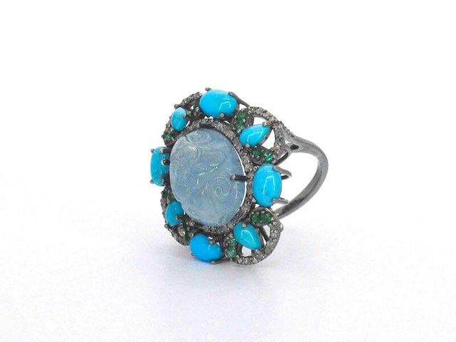 Ring gemaakt met verschillende edelstenen en bezaaid met witte natuurlijke diamanten - afbeelding 7 van  9