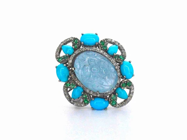 Ring gemaakt met verschillende edelstenen en bezaaid met witte natuurlijke diamanten - afbeelding 1 van  9