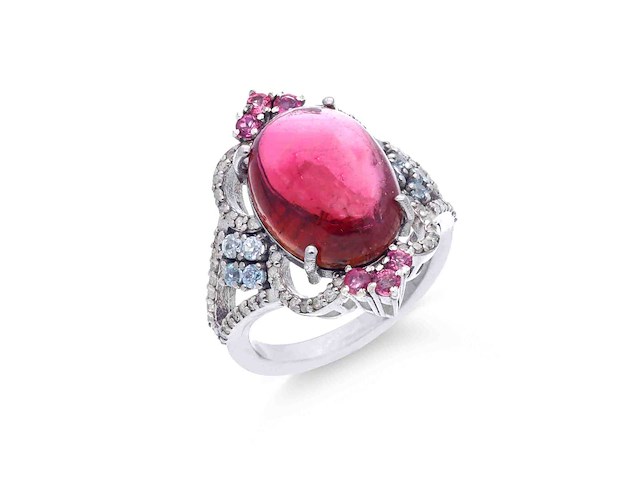 Ring met donkerroze toermalijn blauwe topazen en diamanten - afbeelding 1 van  5
