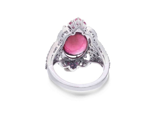 Ring met donkerroze toermalijn blauwe topazen en diamanten - afbeelding 5 van  5