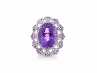 Ring met een grote ovaal geslepen amethist, witte diamanten en roze toermalijnen - afbeelding 3 van  6