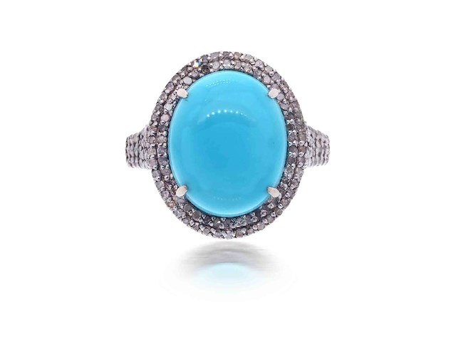 Ring met een grote ovale turquoise en natuurlijke diamanten - afbeelding 3 van  6