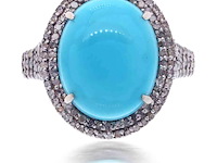 Ring met een grote ovale turquoise en natuurlijke diamanten - afbeelding 3 van  6