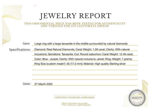 Ring met grote tanzaniet en diamanten - afbeelding 2 van  5