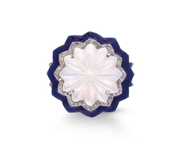 Ring met kristal en natuurlijk diamanten omringt door een blauwe rand - afbeelding 3 van  4