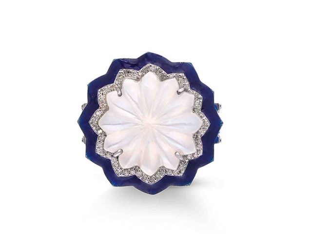 Ring met kristal en natuurlijk diamanten omringt door een blauwe rand - afbeelding 3 van  6