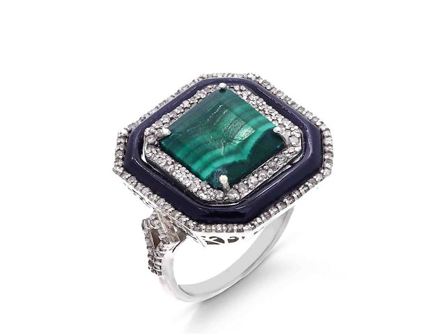 Ring met malachiet en diamanten met onyx - afbeelding 1 van  5