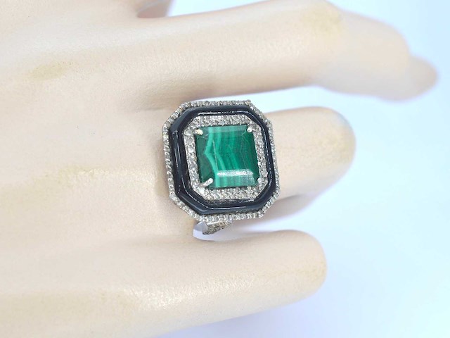 Ring met malachiet en diamanten met onyx - afbeelding 2 van  5