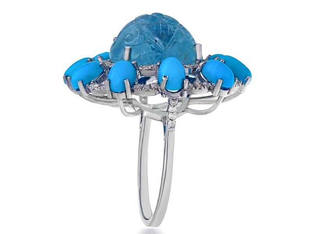 Ring met natuurlijke diamanten, aquamarijn en turquoise - afbeelding 3 van  6