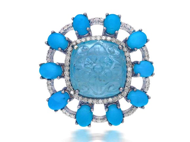 Ring met natuurlijke diamanten, aquamarijn en turquoise - afbeelding 1 van  4