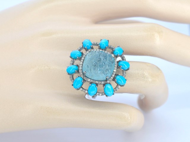 Ring met natuurlijke diamanten, aquamarijn en turquoise - afbeelding 2 van  4