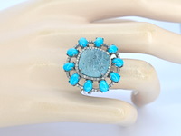 Ring met natuurlijke diamanten, aquamarijn en turquoise - afbeelding 2 van  4