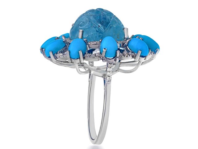 Ring met natuurlijke diamanten, aquamarijn en turquoise - afbeelding 3 van  4