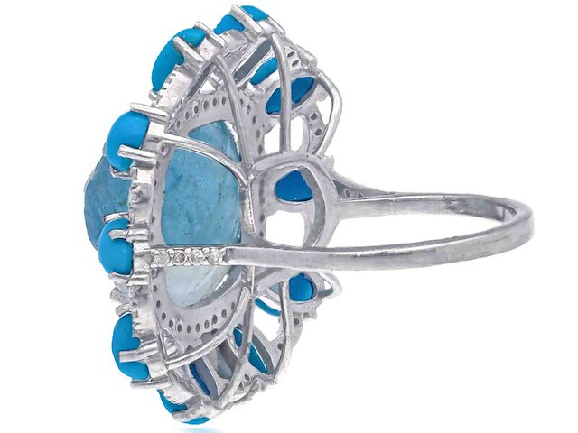 Ring met natuurlijke diamanten, aquamarijn en turquoise - afbeelding 4 van  4