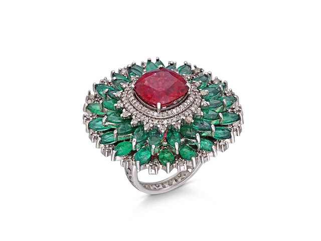 Ring met natuurlijke diamanten smaragden en rode tourmalijn - afbeelding 1 van  5
