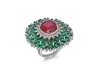 Ring met natuurlijke diamanten smaragden en rode tourmalijn - afbeelding 1 van  5