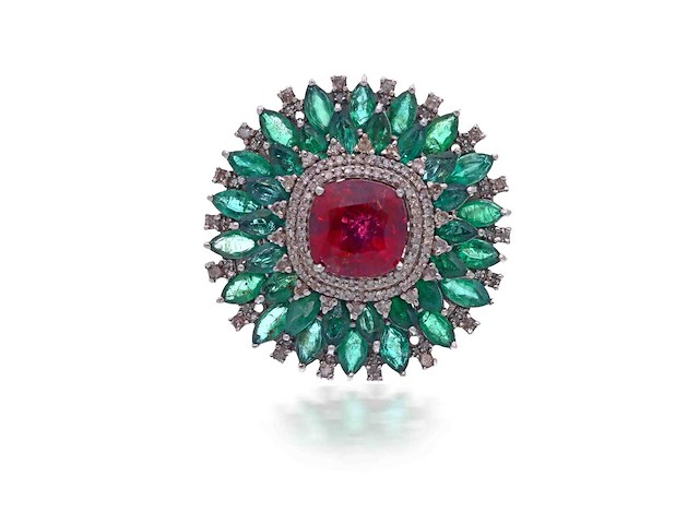 Ring met natuurlijke diamanten smaragden en rode tourmalijn - afbeelding 4 van  5