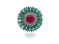 Ring met natuurlijke diamanten smaragden en rode tourmalijn - afbeelding 4 van  5