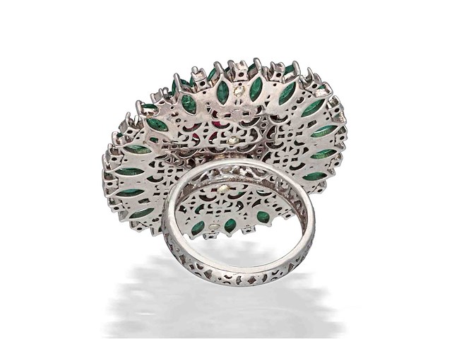 Ring met natuurlijke diamanten smaragden en rode tourmalijn - afbeelding 5 van  5