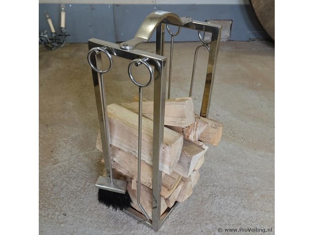 Rivièra maison moderne roestvrij stalen houtblokkenstandaard met openhaardgereedschap - afbeelding 1 van  5