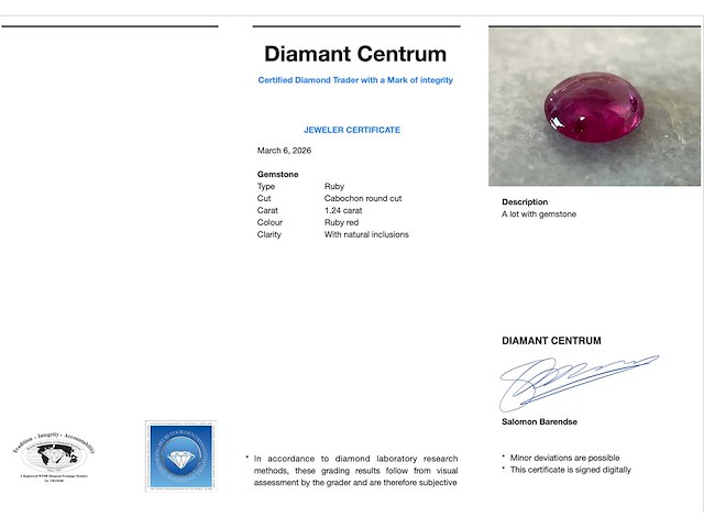 Robijn 1.24 carat cabochon geslepen robijn hoge kwaliteit - afbeelding 3 van  5