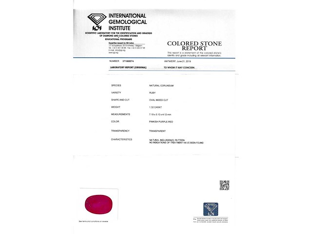Robijn 1.32 carat echte robijn gecertificeerd - afbeelding 2 van  2