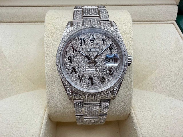 Rolex datejust 36 126200 | full "iced" out with natural diamonds | arabic dial | 2024 - afbeelding 1 van  12