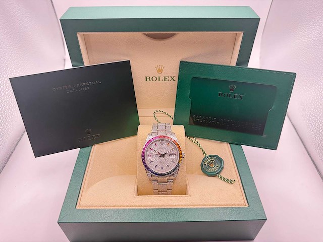 Rolex datejust 41 | 126300 | oyster | full "iced" out with natural diamonds | rainbow stick dial - afbeelding 12 van  12