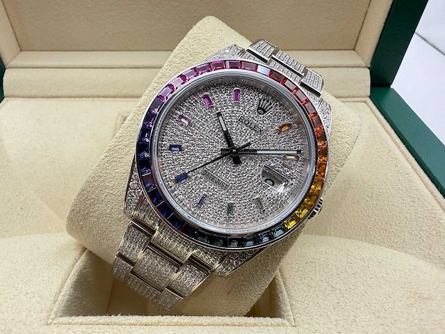 Rolex datejust 41 | 126300 | oyster | full "iced" out with natural diamonds | rainbow stick dial - afbeelding 5 van  12