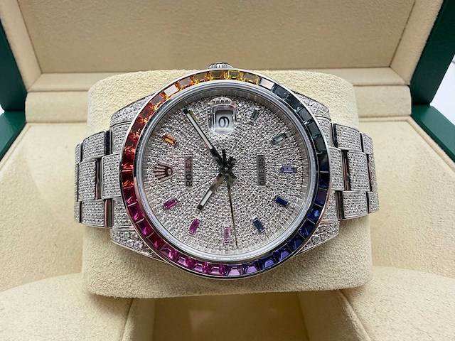 Rolex datejust 41 | 126300 | oyster | full "iced" out with natural diamonds | rainbow stick dial - afbeelding 6 van  12