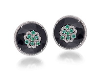 Ronde oorbellen met natuurlijke groene smaragden, onixen en natuurlijke diamanten - afbeelding 4 van  4