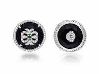 Ronde oorbellen met natuurlijke groene smaragden, onixen en natuurlijke diamanten - afbeelding 3 van  4