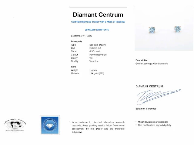 Roségouden oorbellen blauwe diamant - afbeelding 7 van  7