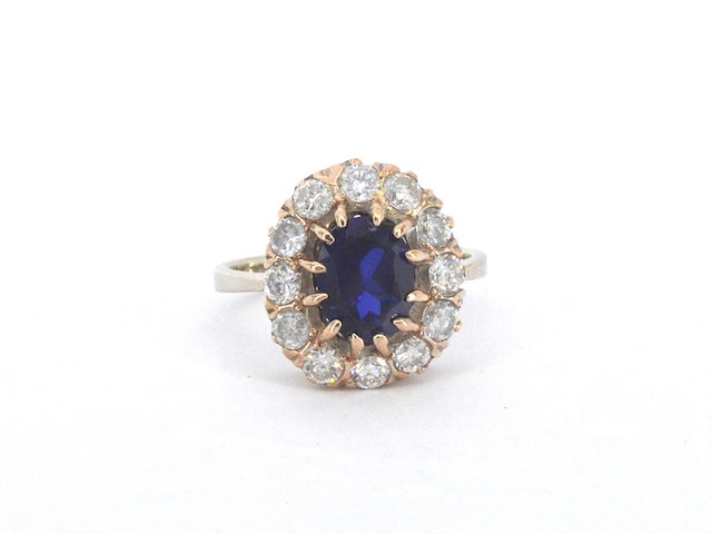 Rosegouden ring met natuurlijke diamanten en een blauwe edelsteen - afbeelding 1 van  11