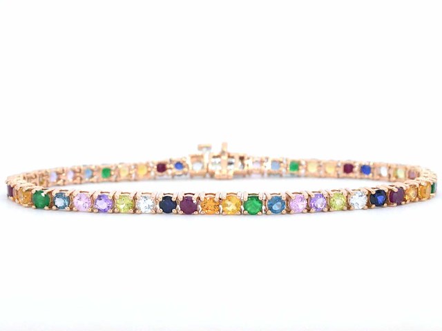 Rosegouden tennisarmband met multi colour edelstenen - afbeelding 1 van  9