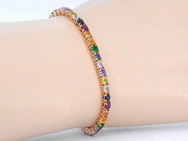 Rosegouden tennisarmband met multi colour edelstenen - afbeelding 2 van  9