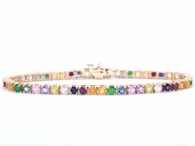 Rosegouden tennisarmband met multi colour edelstenen - afbeelding 1 van  10