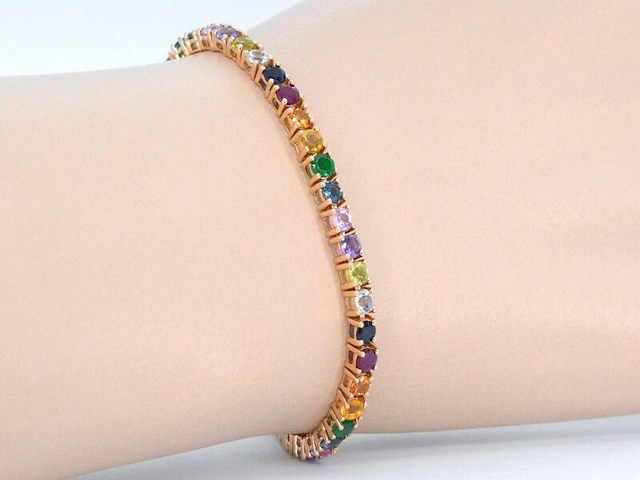 Rosegouden tennisarmband met multi colour edelstenen - afbeelding 3 van  10