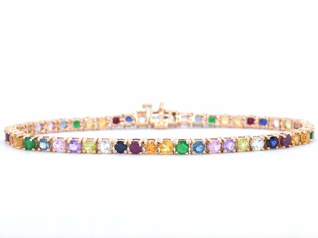 Rosegouden tennisarmband met multi colour edelstenen - afbeelding 1 van  10