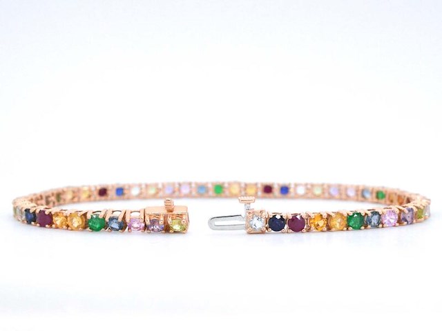 Rosegouden tennisarmband met multi colour edelstenen - afbeelding 5 van  10