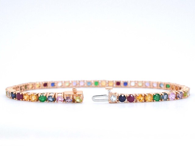 Rosegouden tennisarmband met multi colour edelstenen - afbeelding 4 van  8
