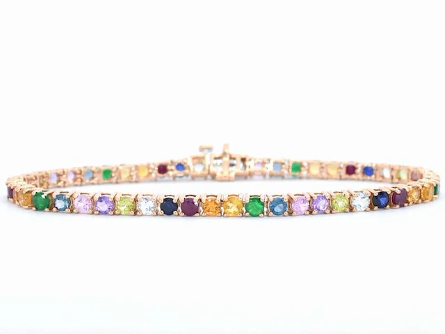 Rosegouden tennisarmband met multi colour edelstenen - afbeelding 1 van  10