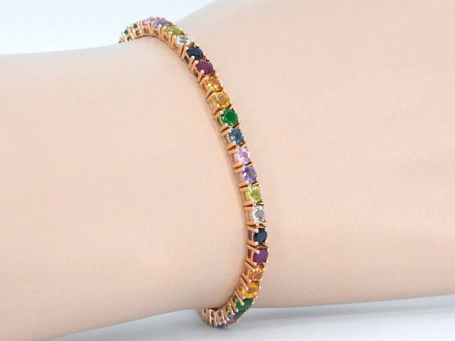 Rosegouden tennisarmband met multi colour edelstenen - afbeelding 3 van  10