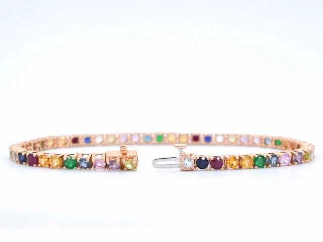 Rosegouden tennisarmband met multi colour edelstenen - afbeelding 5 van  10