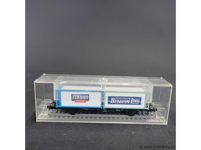 Rowa? containerwagon met twee containers, waarvan één met de opdruk "findus tiefgekühlt" (blauw) en één met "belgian line" (lichtgroen) - afbeelding 2 van  3