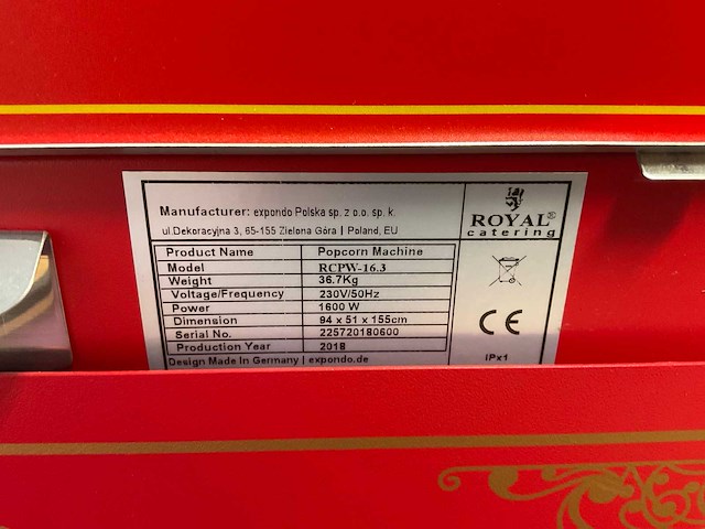 Royal catering rcpw-16.3 popcorn machine - afbeelding 5 van  6