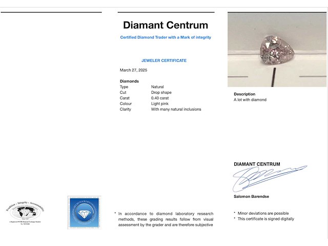 Roze diamant 0.40 carat natuurlijke roze diamant gecertificeerd - afbeelding 3 van  4